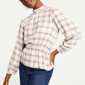 Ann Taylor Womens Plaid Ruffle Sleeve Cinched Hem Top Blouse XSP